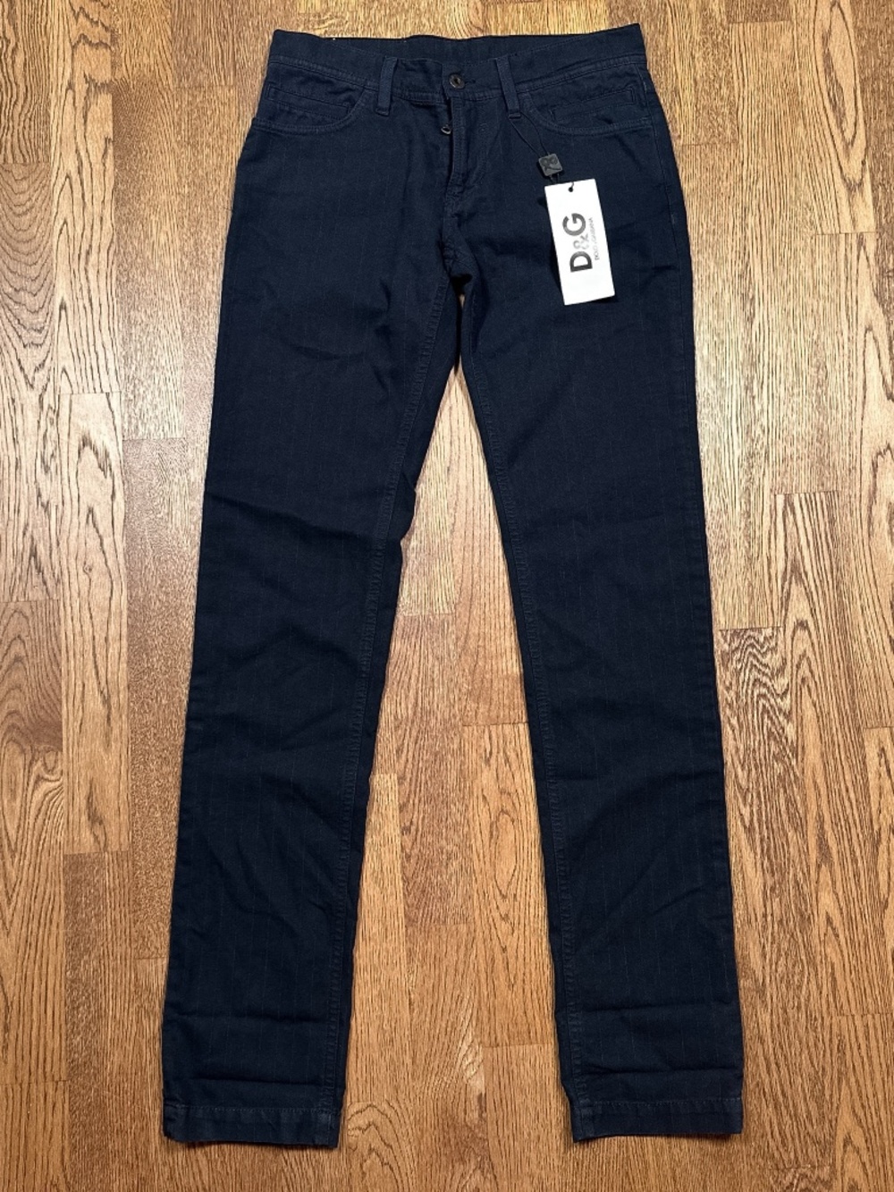 Dolce & Gabbana Pinstripe Navy Brown Low Rise Slim Straight Pants Womens 30